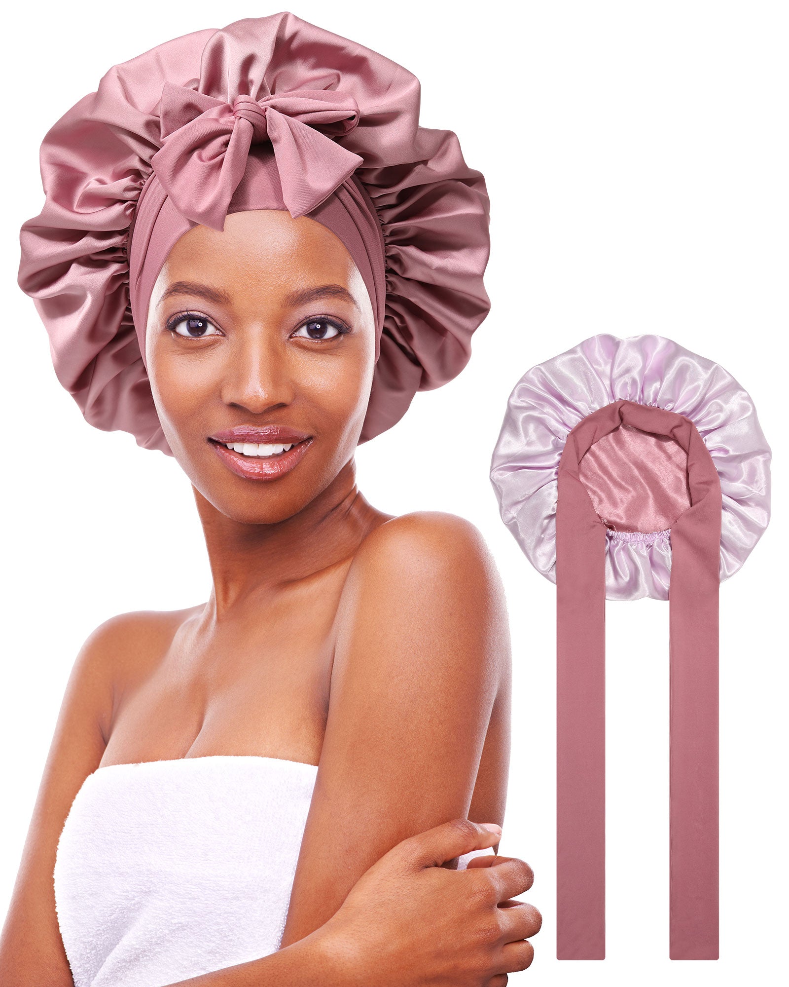 Satin Bonnet for Women Silk Bonnets for Sleeping Curly Hair Bonnet with Elastic Tie Band Reversible Double Layer Sleep Cap Hair Wrap (Double-Layer Reversible Satin Bonnet - Bean Paste + Pink)